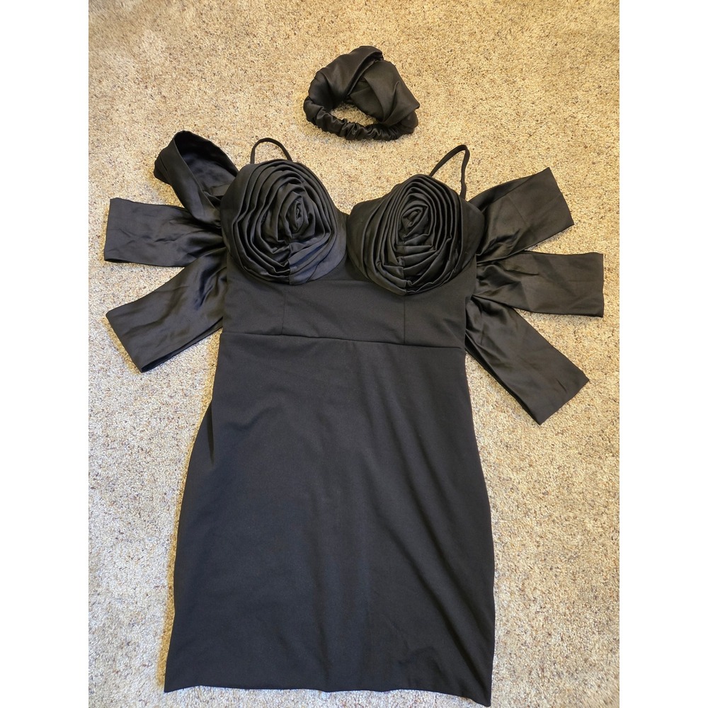 Black Rosette Bust Mini‎ Dress Corset Bow Statement Party Dress S Headband
